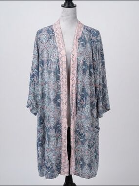 Blue and Pink‎ Printed Kimono Robe with Contrast Trim